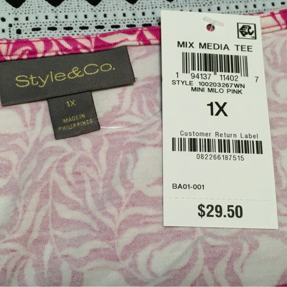 Style & Co Womens Plus Size 1X Mini Milo Pink Mix Media Fabric Tee Shirt Top - Picture 3 of 7